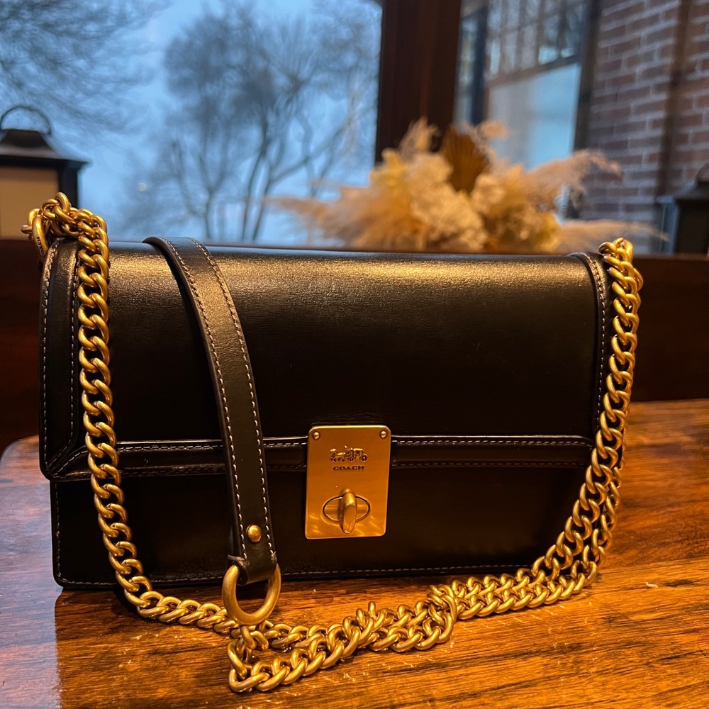 Coach Black Leather Crossbody Bag with Gold Chain